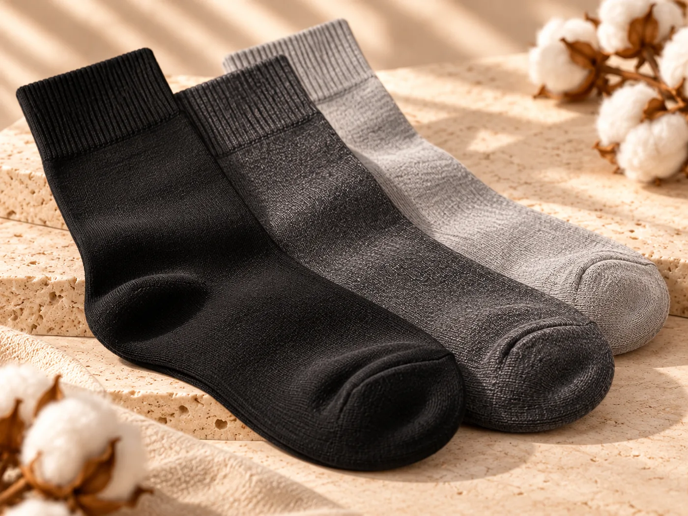 Three Premium Cotton socks in black, charcoal and grey