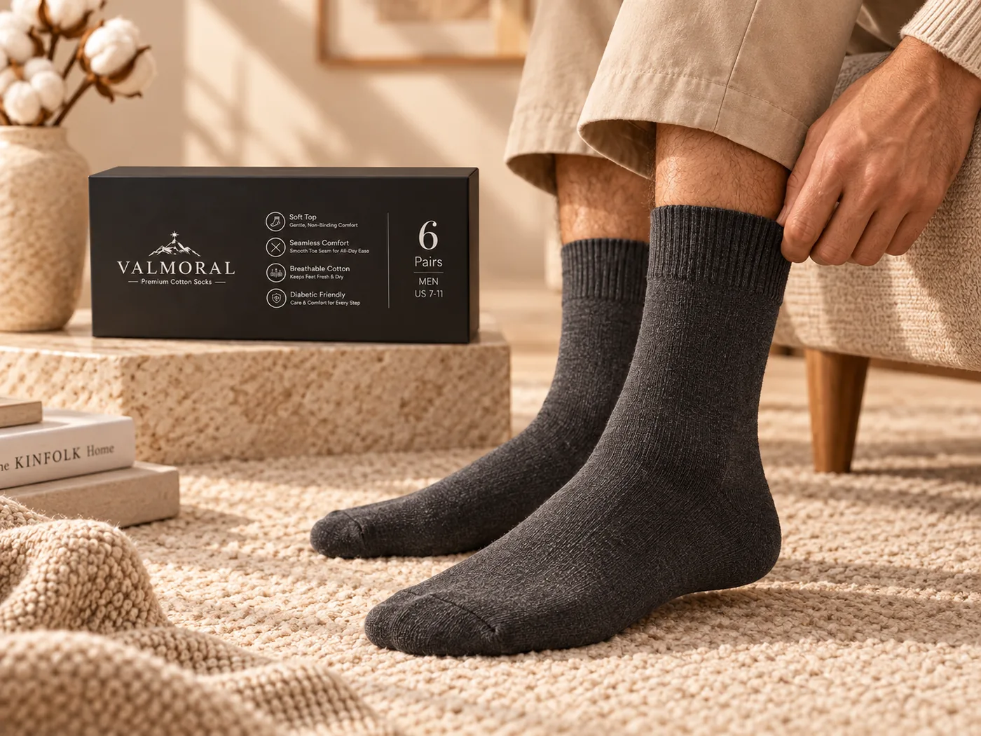 Man wearing Premium Cotton socks beside the box