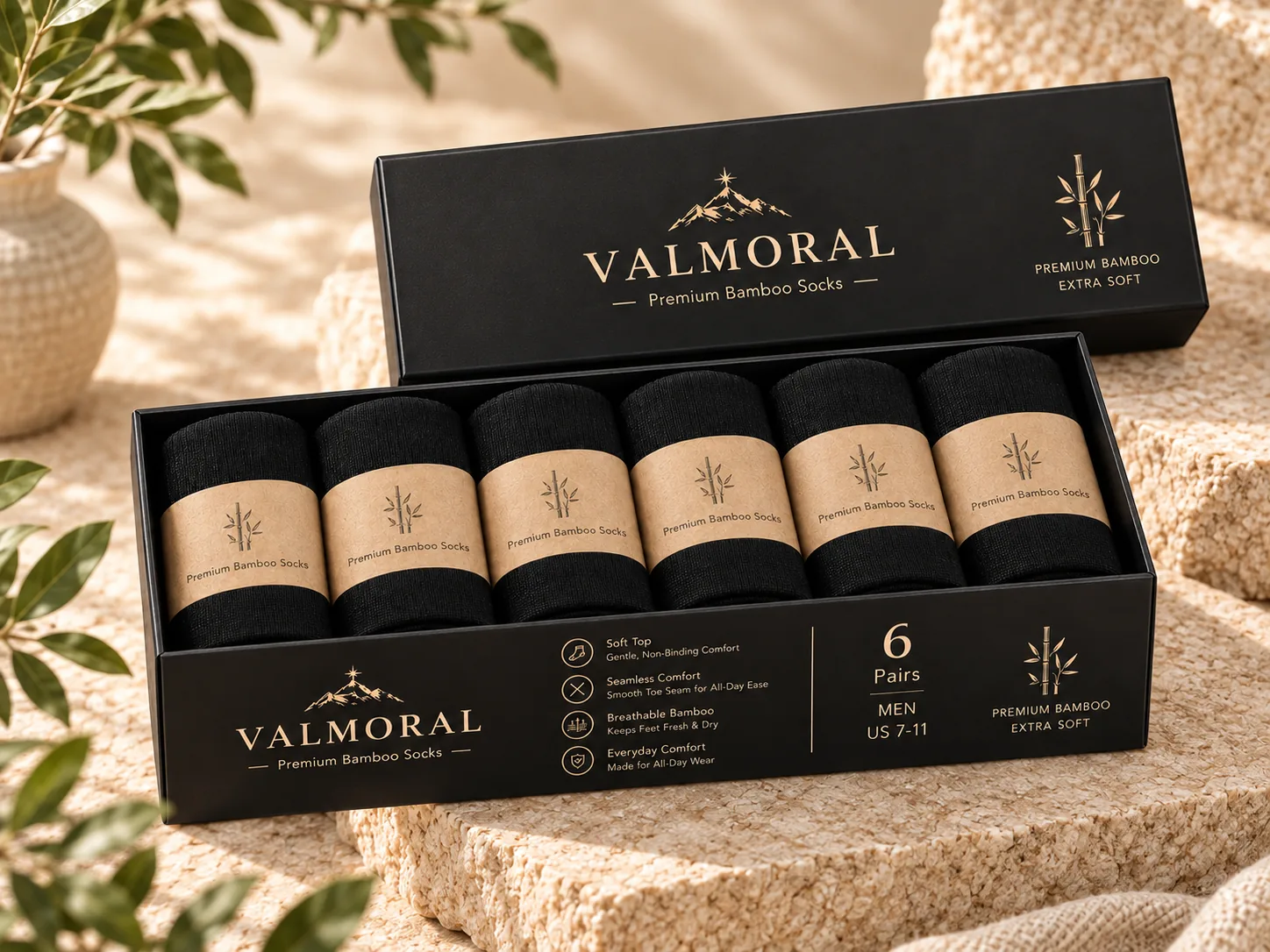 Open Bamboo Series box with six rolled black socks