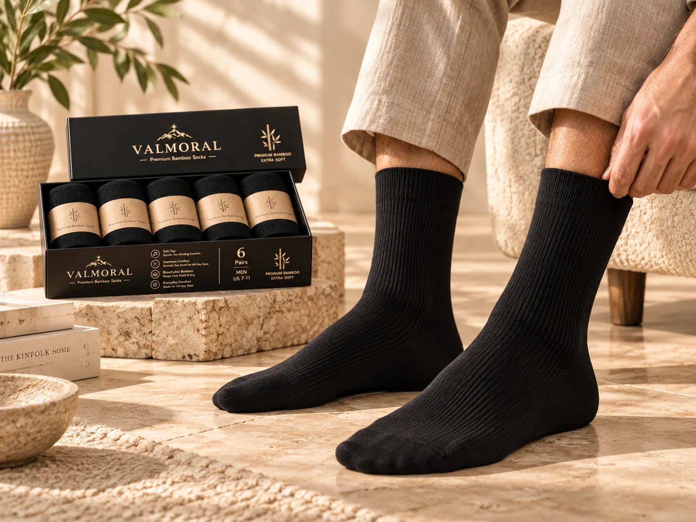 Person wearing black bamboo socks beside the box