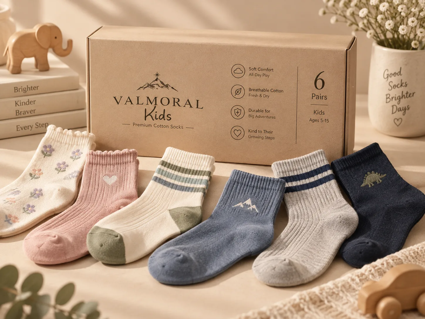 Valmoral Kids kraft box with six pastel socks