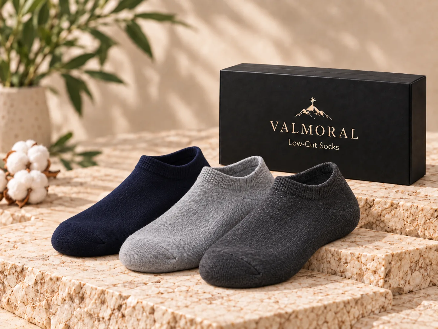Low-Cut Ankle Socks box with navy, grey and black pairs