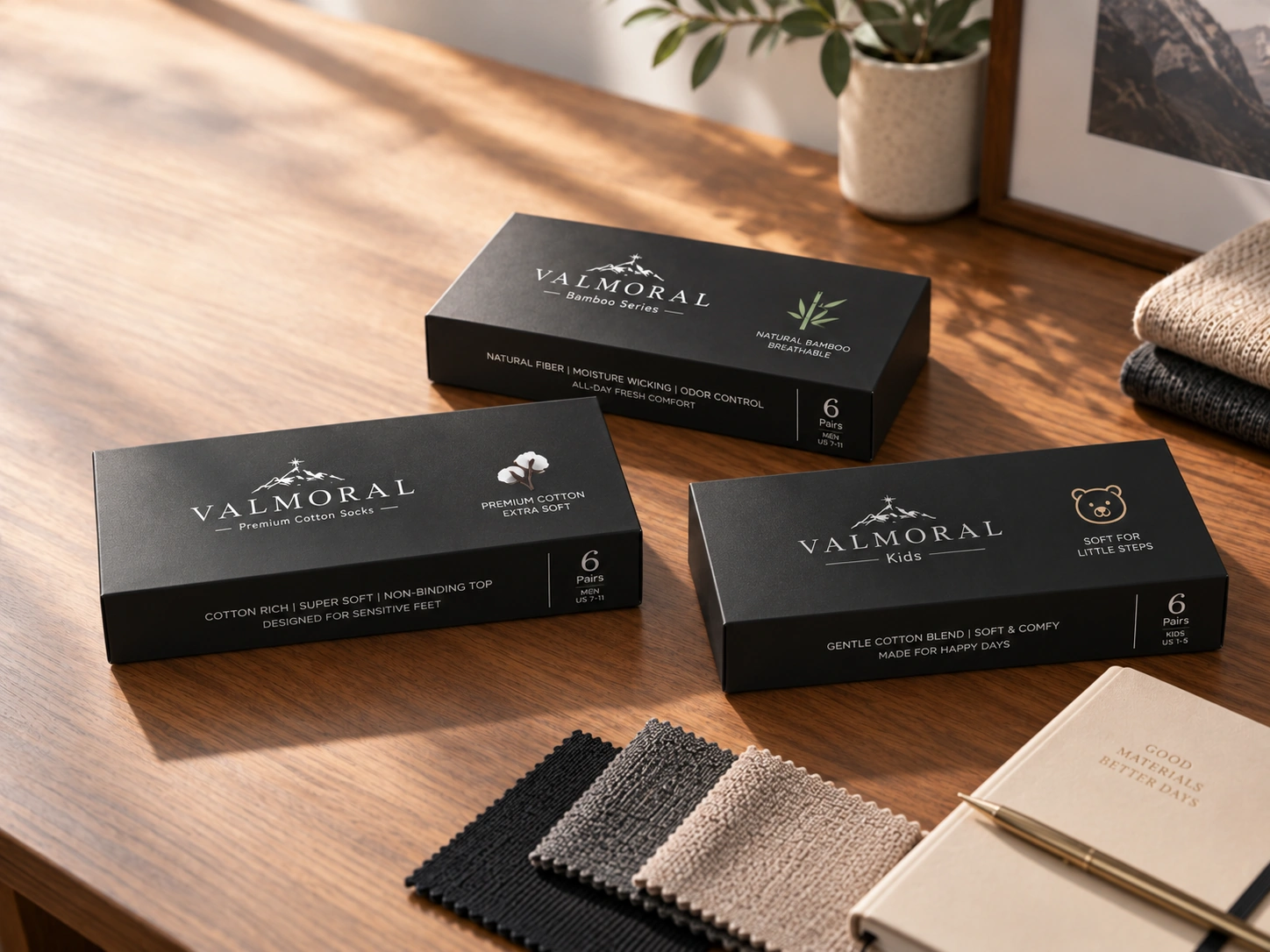 Valmoral cotton, bamboo and kids collections on a warm wooden worktable